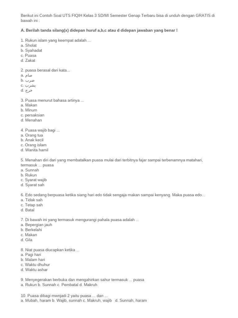 Contoh Soal UTS Fiqih Kelas 3 SD MI PDF Contoh Soal UTS Fiqih Kelas 3 SD MI PDF