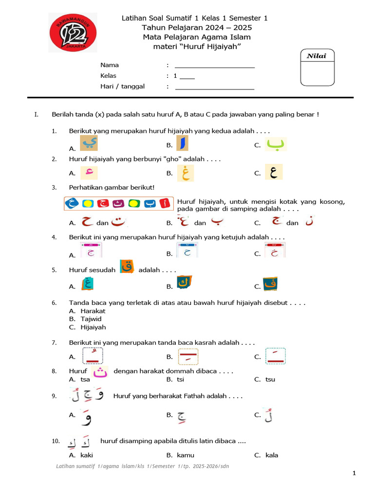Contoh Soal Huruf Hijaiyah Kelas 1 PDF Contoh Soal Huruf Hijaiyah Kelas 1 PDF