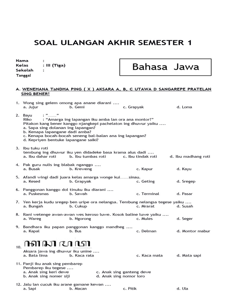 3 Alasan Wajib Download Soal Bahasa Jawa Kelas 3 Semester 2 Sebelum Ulangan