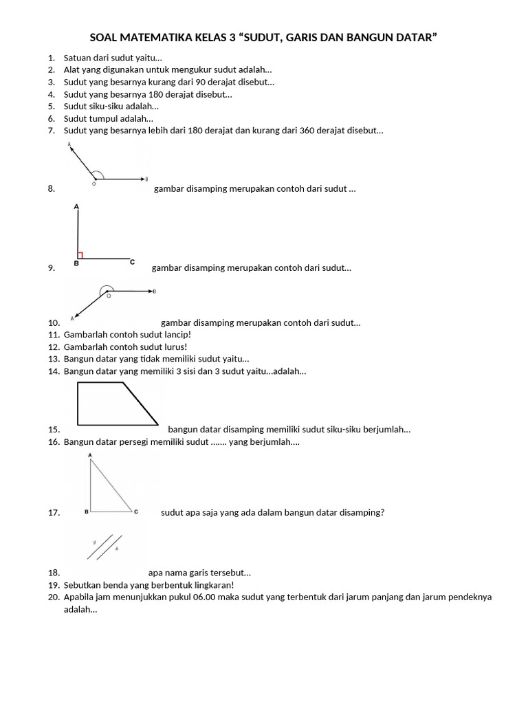 Soal Matematika Kelas 3 Sudut dan Bangun Datar PDF