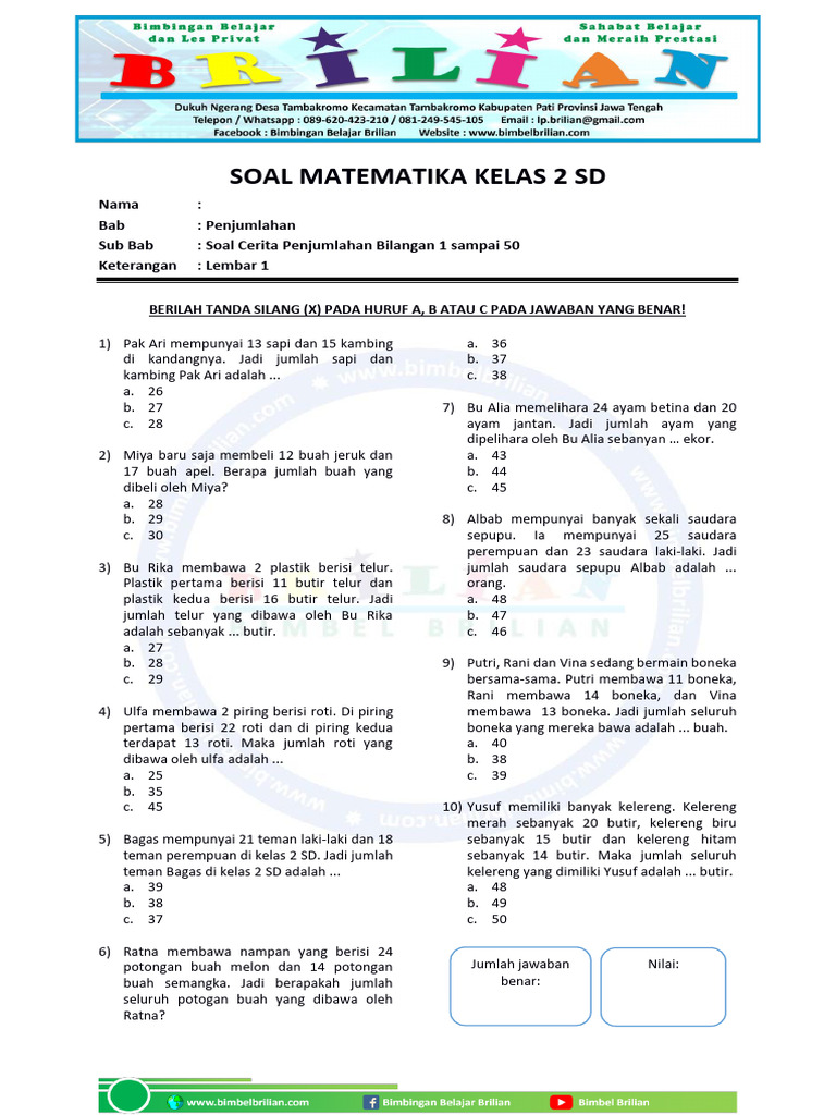 Soal Cerita Penjumlahan Kelas 2 SD PDF