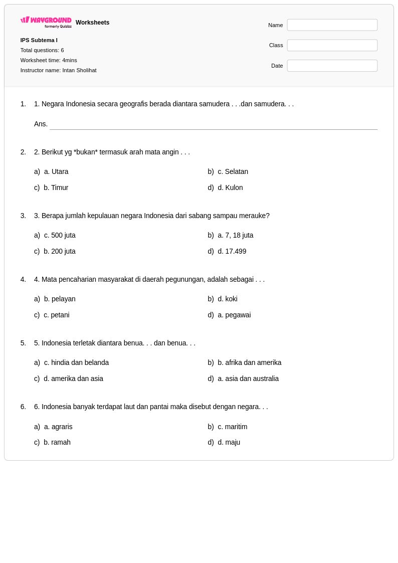 50 lembar kerja Arah Mata Angin untuk Kelas 5 di Wayground Gratis 50 lembar kerja Arah Mata Angin untuk Kelas 5 di Wayground Gratis