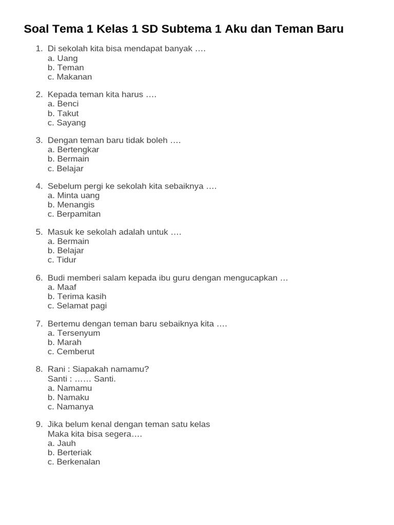 Soal Tema 1 Kelas 1 SD Subtema 1 Aku Dan Teman Baru PDF Soal Tema 1 Kelas 1 SD Subtema 1 Aku Dan Teman Baru PDF