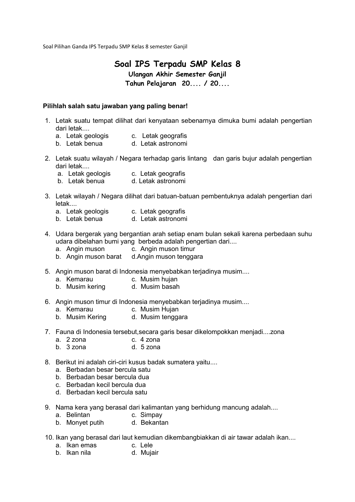 7 Contoh Soal IPS Kelas 8 Bab 1 Kurikulum 2013 tentang Adaptasi Iklim yang Wajib Tahu