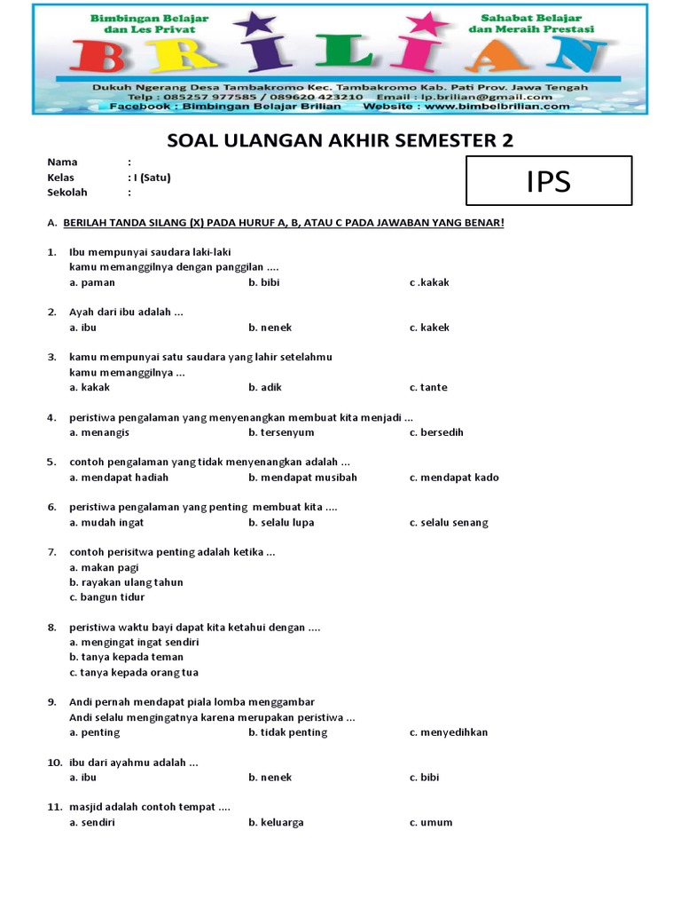Soal Ulangan IPS Kelas 1 Semester 2 PDF Griya Taman Seni