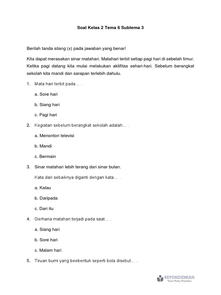 Soal Kelas 2 Tema 6 Subtema 3 PDF Soal Kelas 2 Tema 6 Subtema 3 PDF