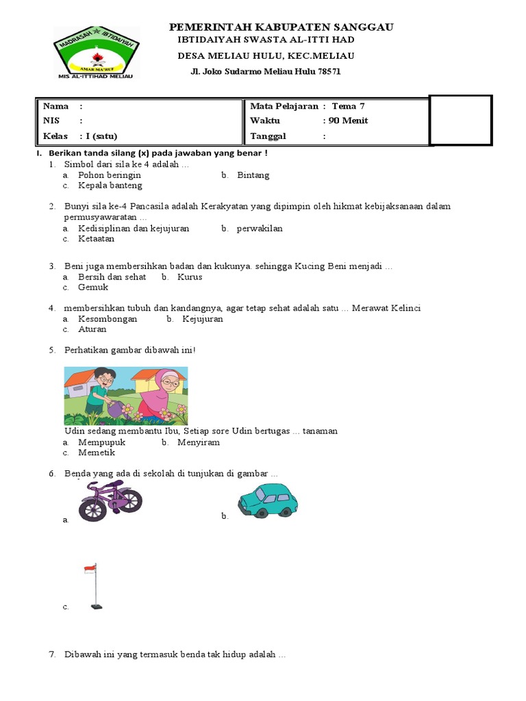 Soal PAT Kelas 1 Semester 2 PDF