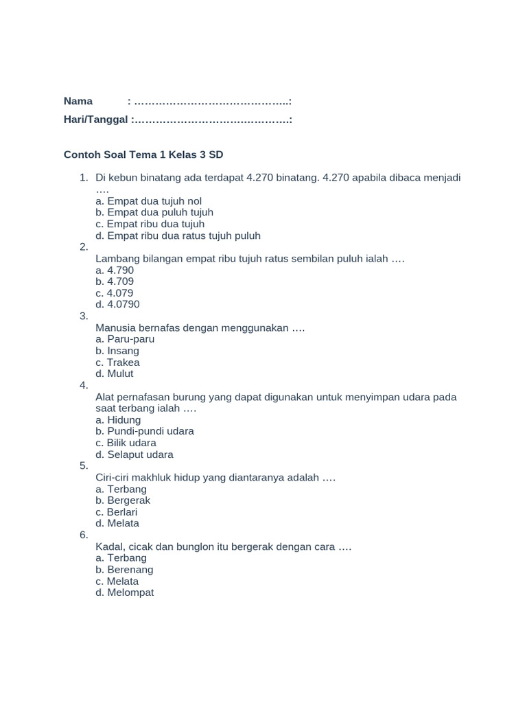Contoh Soal Tema 1 Kelas 3 SD PDF Contoh Soal Tema 1 Kelas 3 SD PDF