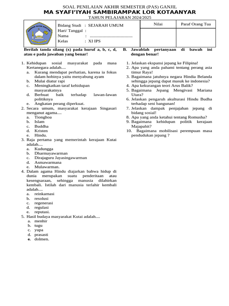 Soal PAS Sejarah Umum Kelas XI IPS PDF Soal PAS Sejarah Umum Kelas XI IPS PDF