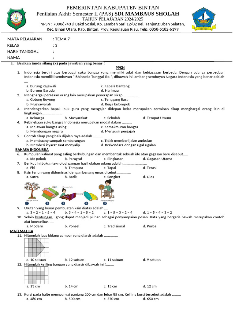Soal Ujian Tema 7 Kelas 3 SD PDF Soal Ujian Tema 7 Kelas 3 SD PDF