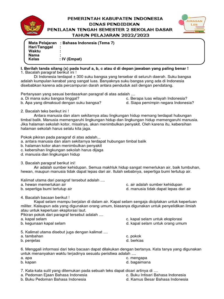 Soal Bahasa Indonesia Kelas 4 Tema 7 PDF Soal Bahasa Indonesia Kelas 4 Tema 7 PDF