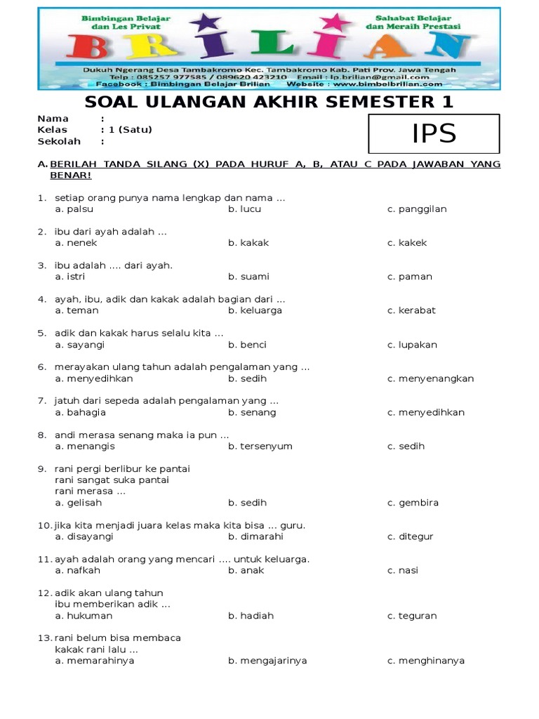 Soal Ulangan IPS Kelas 1 Semester 1 PDF Soal Ulangan IPS Kelas 1 Semester 1 PDF