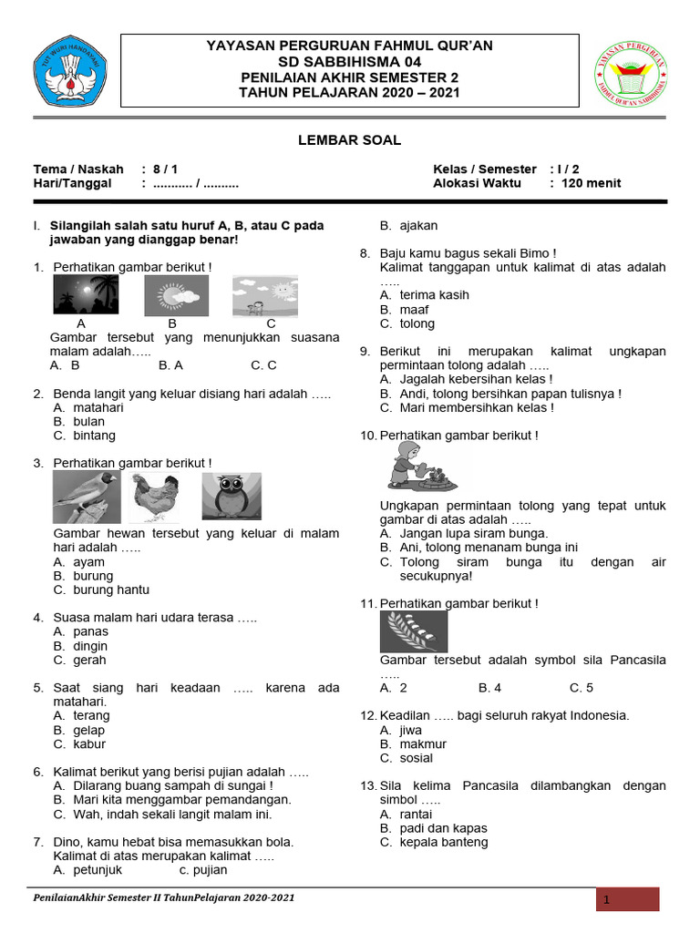 Soal Ujian Akhir Kelas 1 Semester 2 PDF Soal Ujian Akhir Kelas 1 Semester 2 PDF