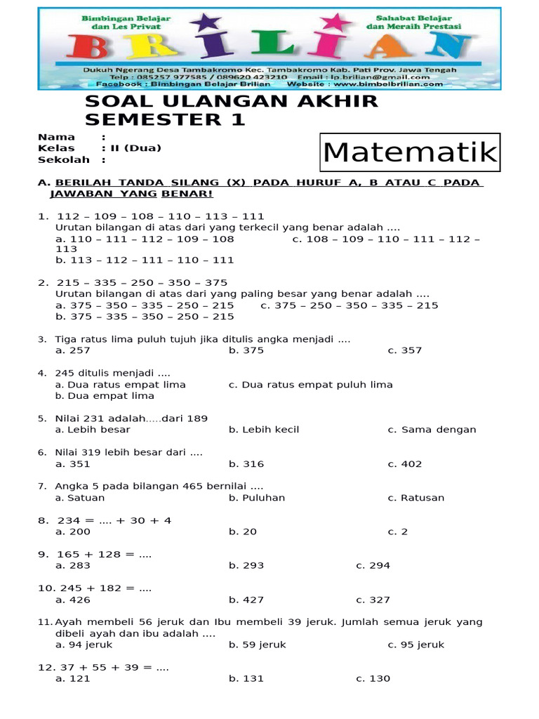 Rahasia Nilai Sempurna dengan Latihan Soal UAS Kelas 2 Semester 1 Matematika Terbaru Rahasia Nilai Sempurna dengan Latihan Soal UAS Kelas 2 Semester 1 Matematika Terbaru