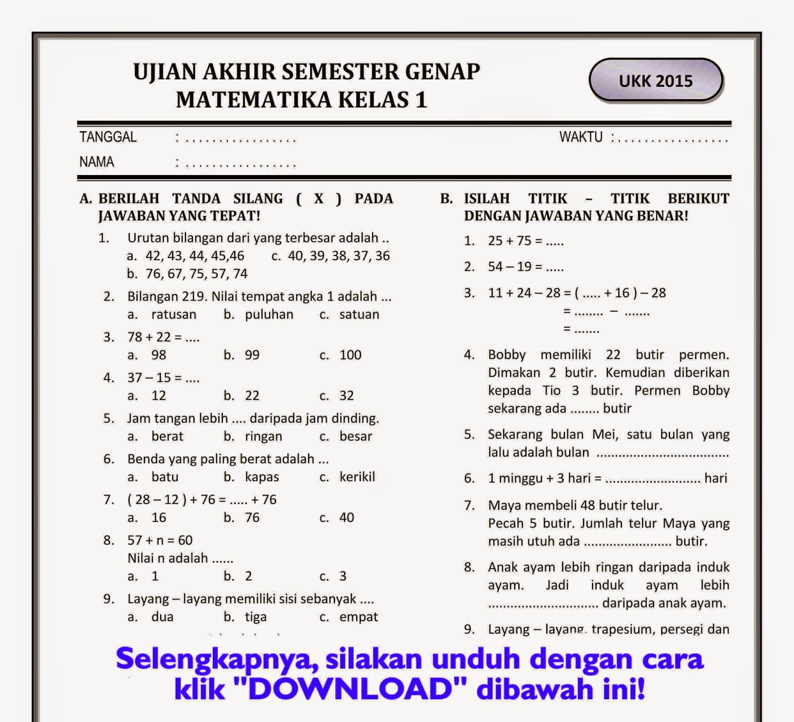 Rahasia Nilai Sempurna dengan Latihan Soal UAS Kelas 4 Semester 1 Kurikulum 2013 Terbaru