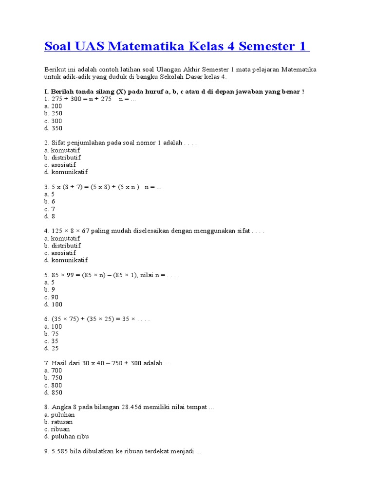 Rahasia Skor Sempurna Lewat Latihan Soal UAS Kelas 4 Semester 1 Matematika Ini Rahasia Skor Sempurna Lewat Latihan Soal UAS Kelas 4 Semester 1 Matematika Ini