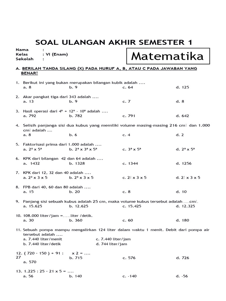 Rahasia Skor Sempurna Lewat Latihan Soal UAS Kelas 6 Matematika Semester 1 Terbaru Rahasia Skor Sempurna Lewat Latihan Soal UAS Kelas 6 Matematika Semester 1 Terbaru