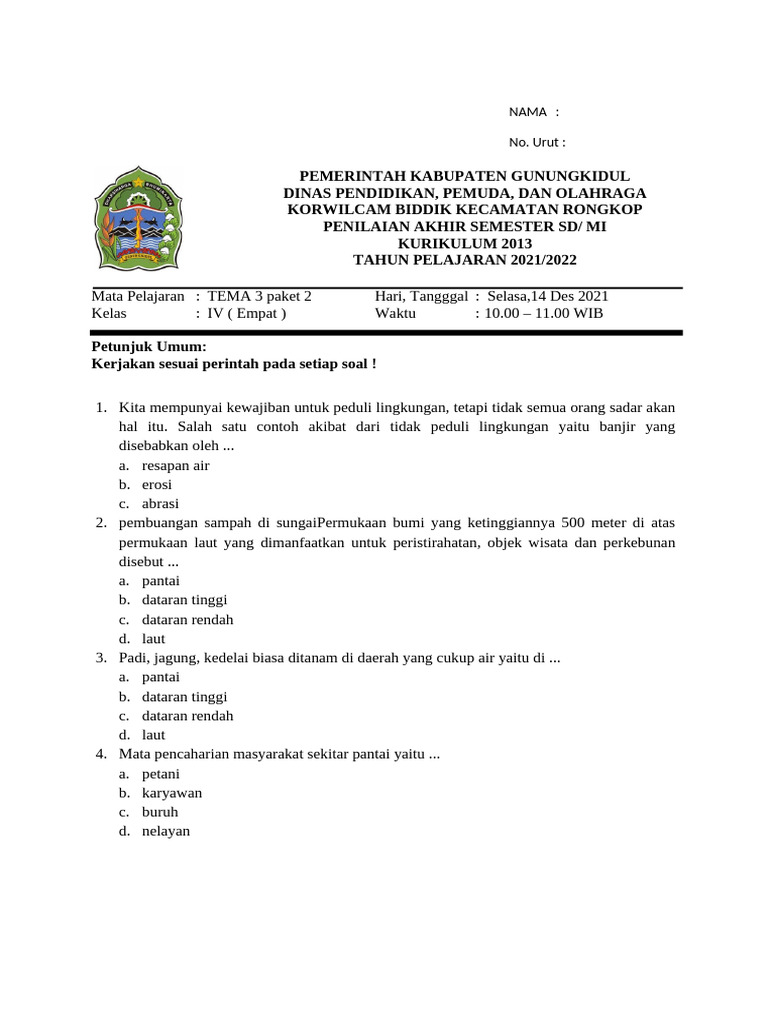 Wajib Tahu! Ini Kumpulan Latihan Soal UAS Kelas 4 Semester 1 Tema 3 Paling Akurat Wajib Tahu! Ini Kumpulan Latihan Soal UAS Kelas 4 Semester 1 Tema 3 Paling Akurat
